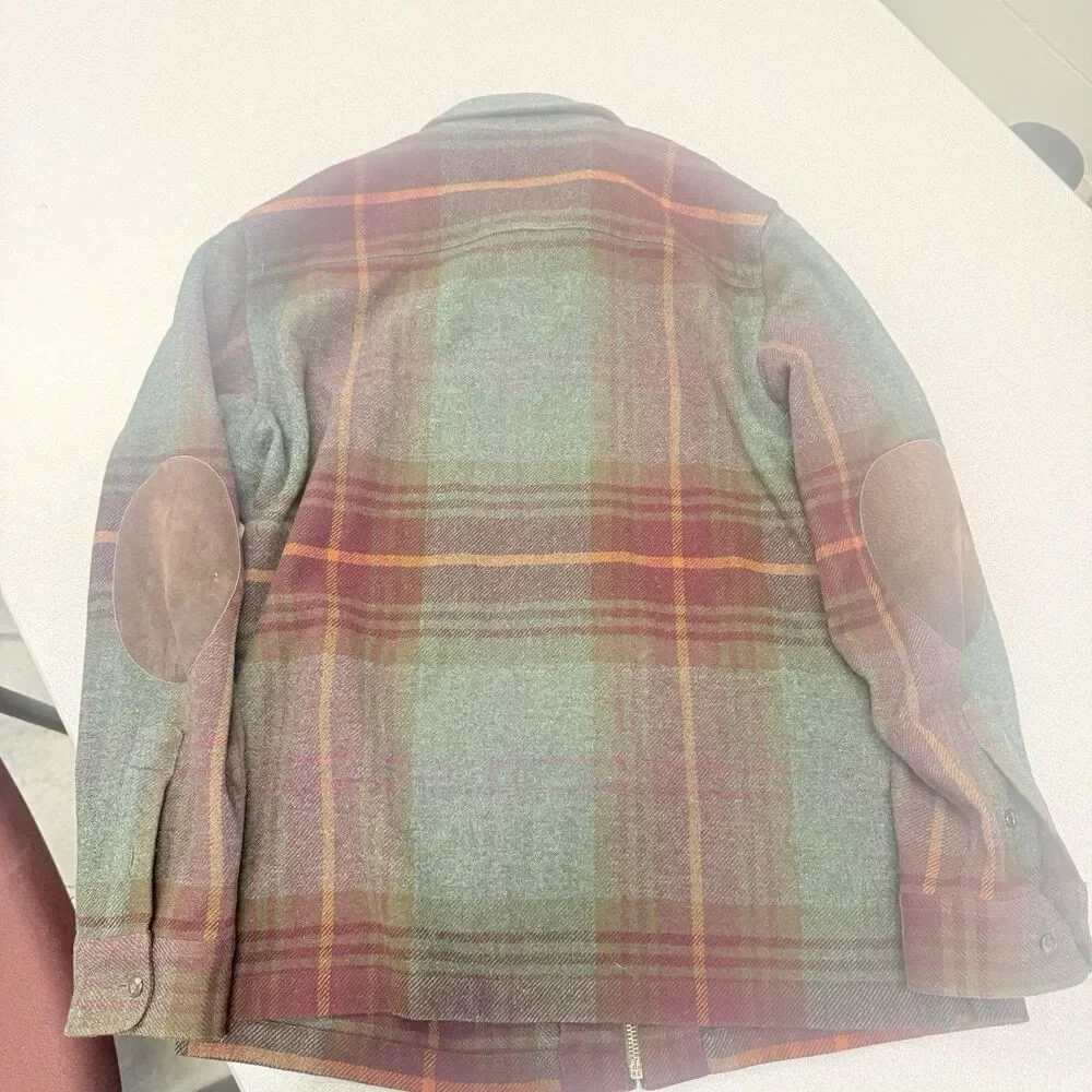 Ralph Lauren Tartan Plaid Lambswool Full Zip Shacket Suede Elbow Patch Men’s L